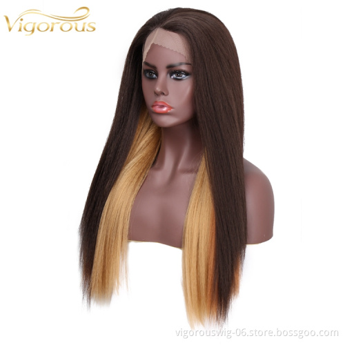 High Quality Straight Long Fake Scalp Coloured Ombre Ginger Fiber Blend Blonde Cheap Lace Front Synthetic Hair Wigs